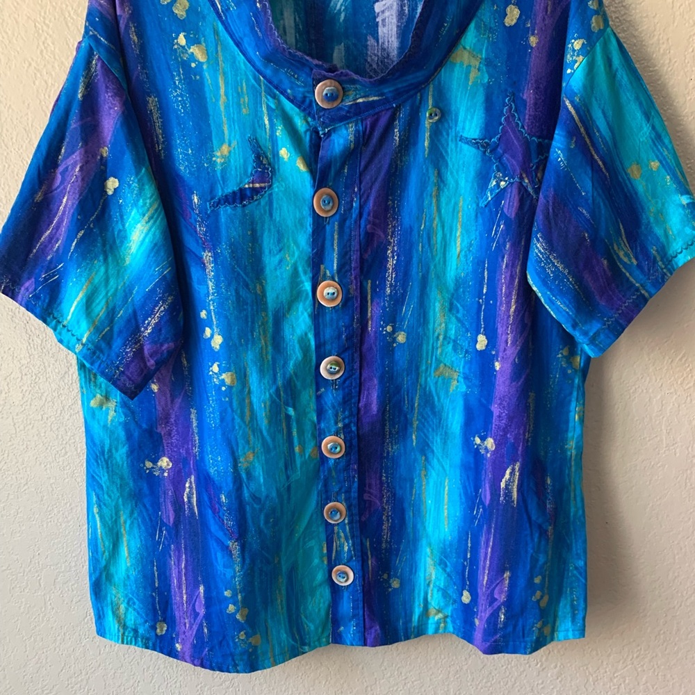 Abstract Art-To-Wear Blue Purple Button Front Artsy Boho Blouse - Picture 5 of 11